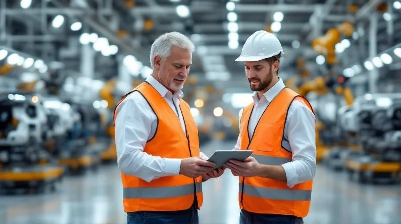 Ausbilder mit Schutzweste neben einem Auszubildenden in einer Ingolstädter Automobilproduktion