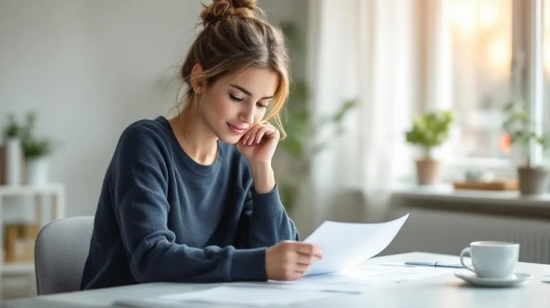 Frau prueft Unterlagen am Schreibtisch in einer hellen Wohnung in Ingolstadt