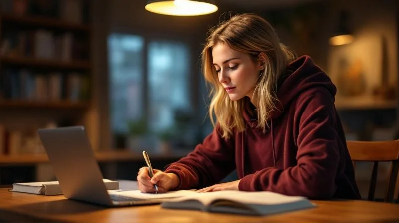 Frau lernt mit Unterlagen und Laptop am Abend in einer Ingolstädter Wohnung