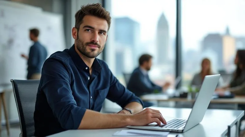 Mann im Business-Casual-Outfit schaut konzentriert auf einen Laptop-Bildschirm in einem modernen Buero in Ingolstadt