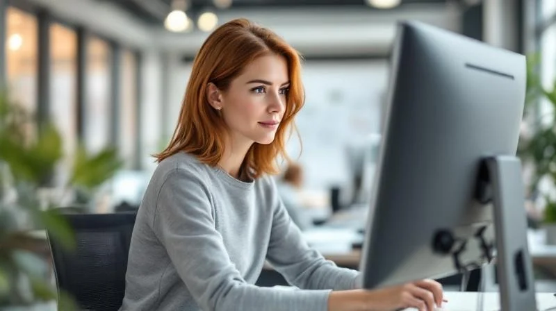 Frau arbeitet an einem Laptop in einem modernen Buero in Ingolstadt