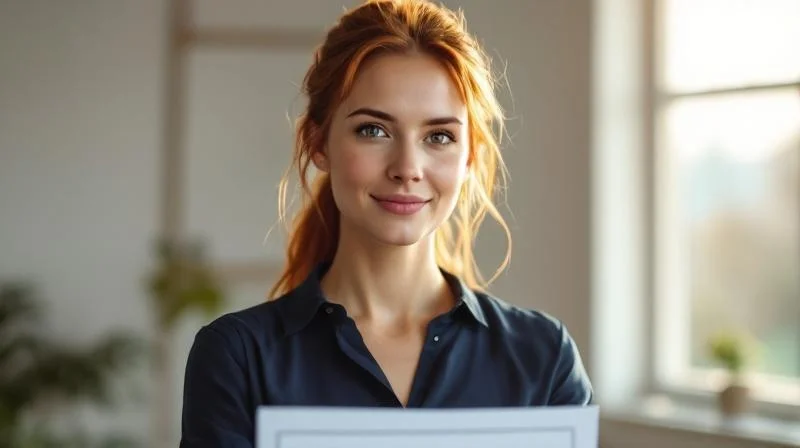 Frau haelt stolz ihr IHK-Zeugnis in einem hellen Buero in Ingolstadt