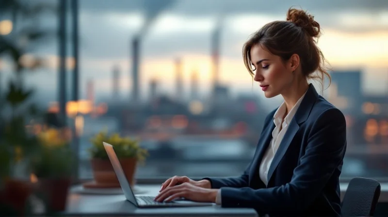 Ingolstädter HR-Leiterin eines Audi-Zulieferers im Büro mit Blick auf Audi-Werk und Skyline