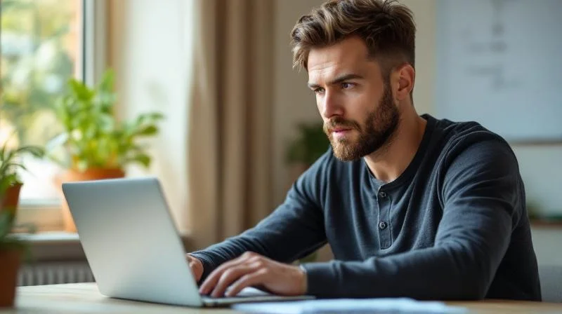 Mann arbeitet konzentriert am Laptop in einem hellen Raum in Ingolstadt