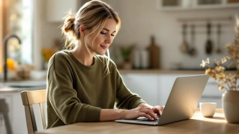 Frau lernt am Laptop in einem hellen Wohnzimmer mit Blick auf Ingolstadt